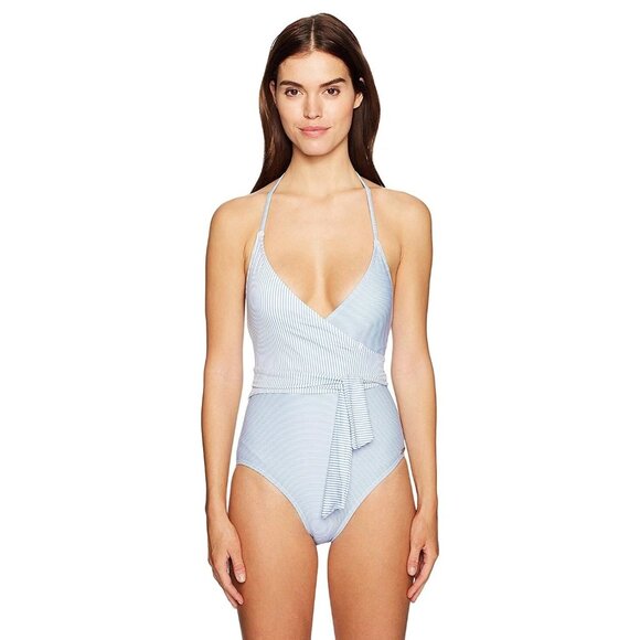 Vince Camuto Swimsuit Size 14 V-Neck Wrap Tie One Piece Blue White Stripe Beach - Picture 1 of 11